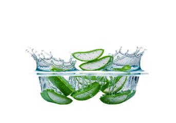 Obraz premium freshly cut, vibrant green aloe vera leaf slices, translucent gel visible, splashing dynamically into clear blue water on a reflective white surface in a sterile studio. concept of purity and