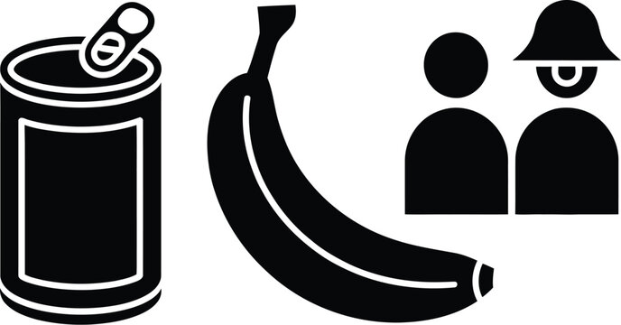 A black silhouette icon of food and people with a can and banana
