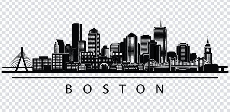 Vector illustration black and white silhouette of boston city skyline with bridges and buildings