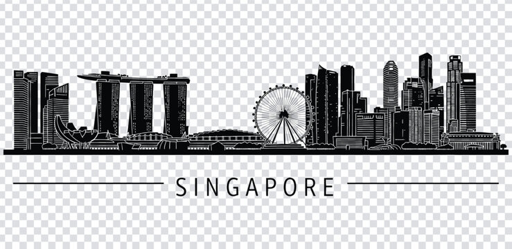 Vector illustration singapore city skyline with famous landmarks and ferris wheel in black silhouette