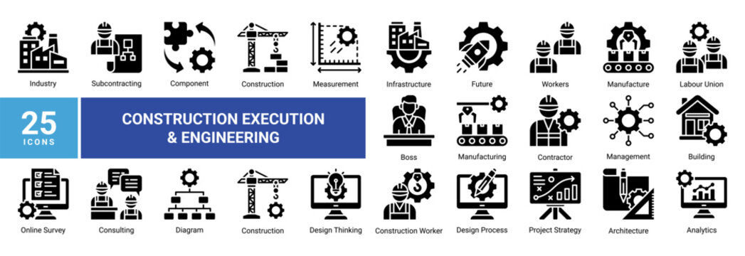 Construction Execution and Engineering icon set featuring building,infrastructure,workforce,manufacturing,and design process.Ideal for industrial,engineering,and development projects.