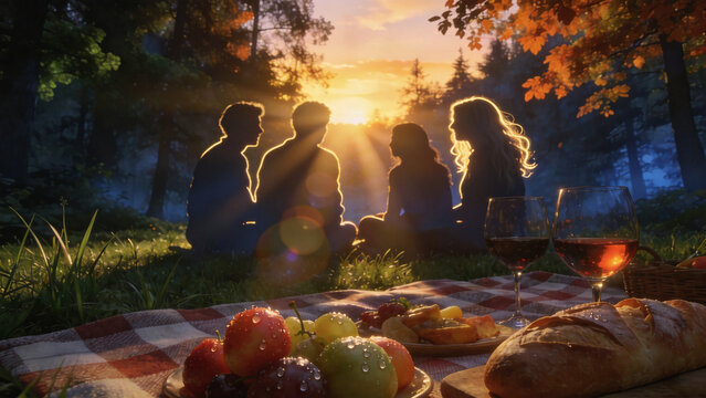 Romantic sunset picnic scene with friends in forest, warm golden light and Tyndall effect, exquisite food on cloth, fresh fruits and wine, cinematic light, dreamy, 8K UE5 render, lifestyle concept