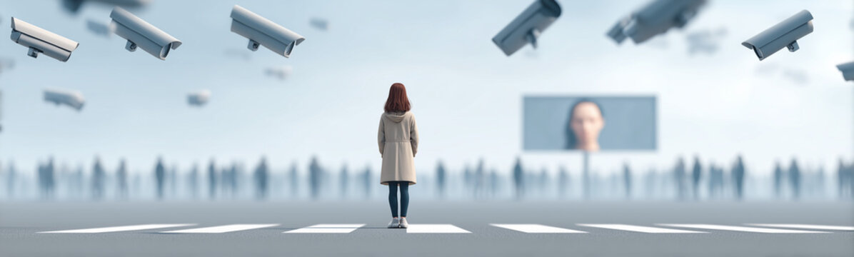 Surveillance Society: A solitary figure navigates a dystopian landscape filled with omnipresent surveillance cameras, raising questions about privacy and control in the modern age.