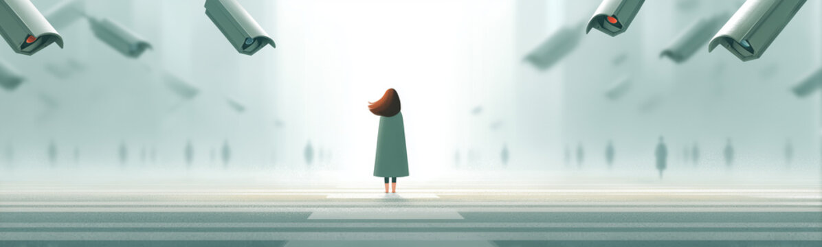 Surveillance State: A solitary figure stands beneath the watchful eyes of surveillance cameras, representing the growing concern of overwatch in the modern world.
