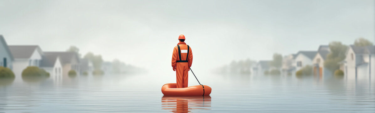 Rising Tide: A lone rescue worker navigates a flooded suburban landscape, symbolizing resilience amidst the devastation. The photo captures a moment of solemnity.
