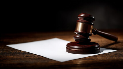 Obraz premium Gavel and Legal Paper: A solemn gavel rests upon a crisp, blank document, evoking a sense of law, order, and the pursuit of justice. The scene is imbued with a sense of formality, authority.