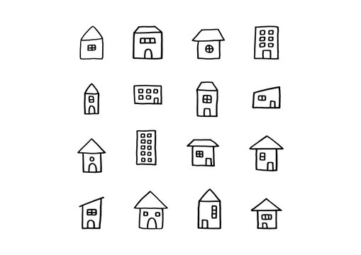 窓がある家やビルのシンプルでコンパクトな手描きのアイコンセット（線画）
