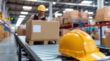 Fototapeta premium Worker Preparing Packages for Shipment in a Modern Warehouse with Safety Equipment and Cardboard Boxes