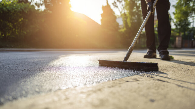 Worker applying fresh blacktop driveway sealer during renovation