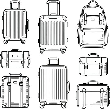 A set of luggage icons including suitcases and briefcases in black and white