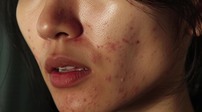Close-up of a person's skin displaying significant acne and facial blemishes, revealing common dermatological challenges, redness, and inflammation