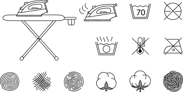 Laundry care icon set featuring iron on ironing board washing instructions fabric symbols cotton labels and garment maintenance,