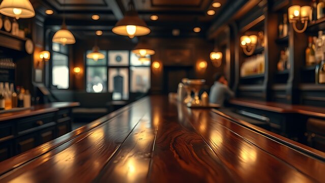hangout. A classic wooden bar counter with a polished surface, glowing in warm ambient light. bar promotions, beverage menus, designed for food & beverage menus and cafe branding.
