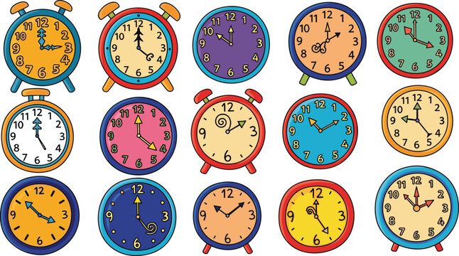 Large set of colorful hand drawn alarm clocks and round wall clock icons in a playful doodle style for education