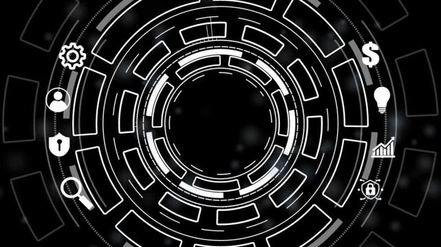 Concept of digitization of business processes and modern technology. Digital transformation.Circular hud interface,abstract blue technology network.4K Animation.