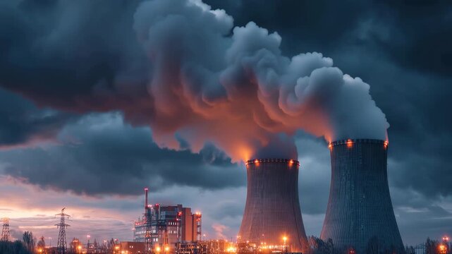 Power plant at dusk with cooling towers releasing steam and bright lights illuminating the surroundings