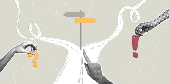 Concept of difficult choices, career path, decision making, and problem solving. Trendy halftone collage. Human hands interacting with a road and signs. An uncertain future and the direction of a