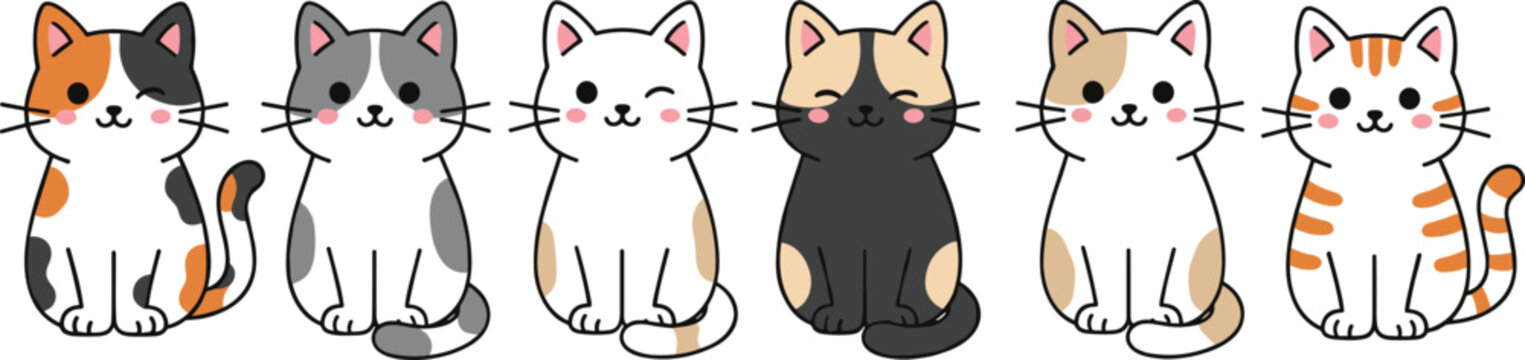 Kawaii sitting cat character set with diverse coat patterns and cute winking faces for stickers and stationary flat vector