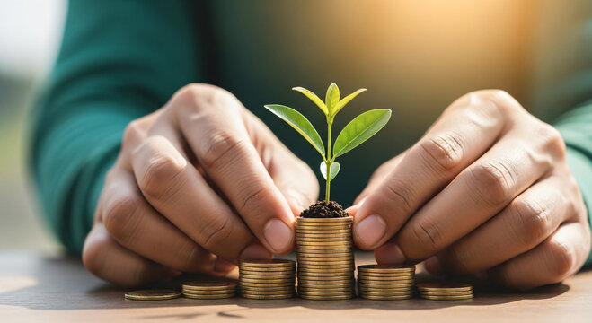Two hands carefully framing and protecting a small green sprout growing from the top of stacked gold coins. Represents sustainable business, environmental conservation, safe investments, and financial