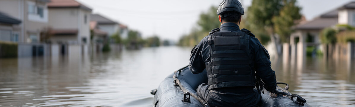Navigating the Aftermath: A rescue worker navigates a flooded suburban street, highlighting the human cost of climate change and disaster response. 