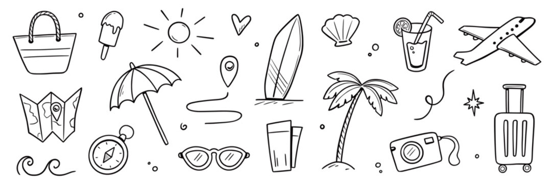 Summer beach icon travel element set. Hand drawn doodle line summer vacation, sketch sun, sea holiday trip. Cute beach icon, sunglasses, camera graphic elements. Vector illustration