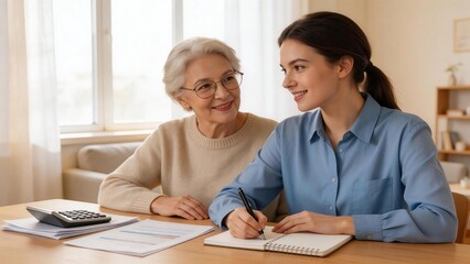 Fototapeta premium Two women discussing documents at table