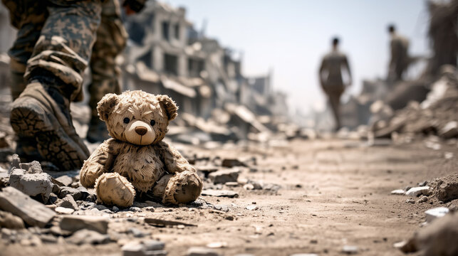 Teddy Bear Amidst Ruins: In the desolate aftermath of conflict, a lone, weathered teddy bear sits amidst the rubble, a poignant symbol of innocence and loss.