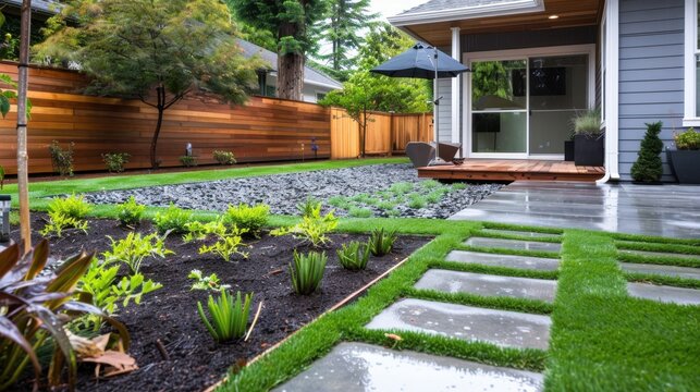 Modern Backyard Landscape Design with Gravel Pathways and Greenery in a Contemporary Home Setting