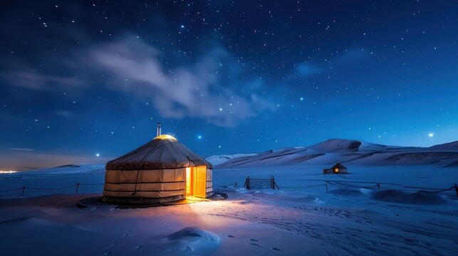 Cozy yurt illuminated at night under starry sky in winter landscape with snow and mountains, tranquil and serene environment