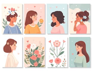 Obraz premium A collection of six illustrations of women and floral designs