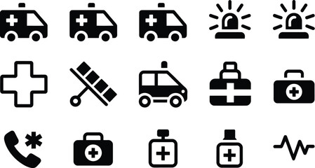 Ambulance vector icons featuring emergency medical service symbols, including ambulance vehicle © Ayat 04