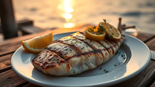 mahi. A grilled mahi-mahi fillet on a white plate, garnished with lemon and herbs by the sea. menu design, packaging mockups, designed for food delivery and cloud-kitchen brand materials.