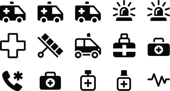 Ambulance vector icons featuring emergency medical service symbols, including ambulance vehicle