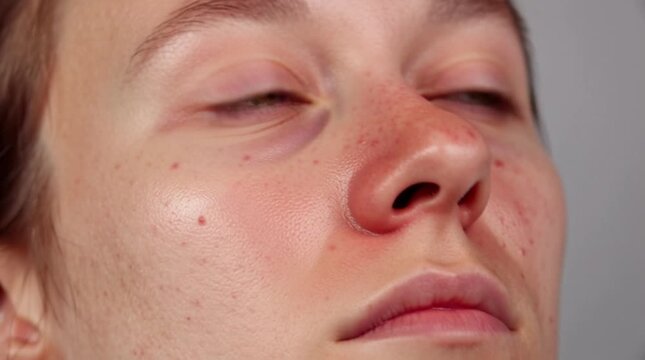 A contemplative and detailed facial portrait, focusing on the intricate texture of sensitive skin and the noticeable redness around the nose and cheeks