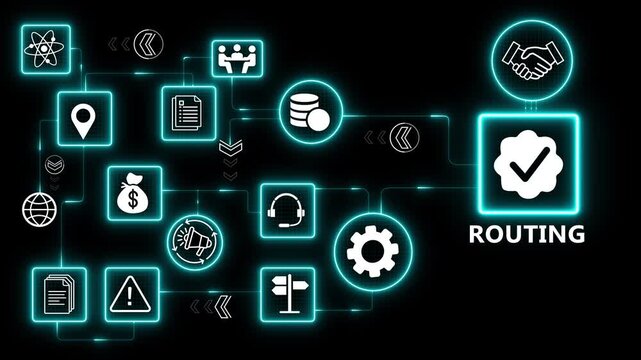 Network routing system with data flow control and communication workflow for digital infrastructure and performance optimization 4k black background visuals