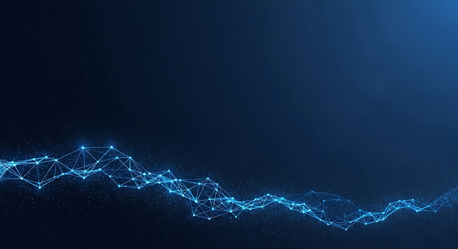 Abstract digital wave with glowing dots and lines representing data flow and technology network connections