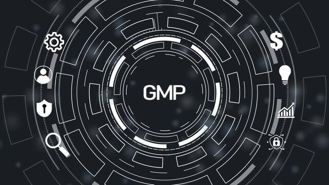 Good manufacturing practice certification quality control on virtual screen. GMP.4k Animation.