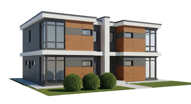 A modern two-story duplex with wood and glass exterior