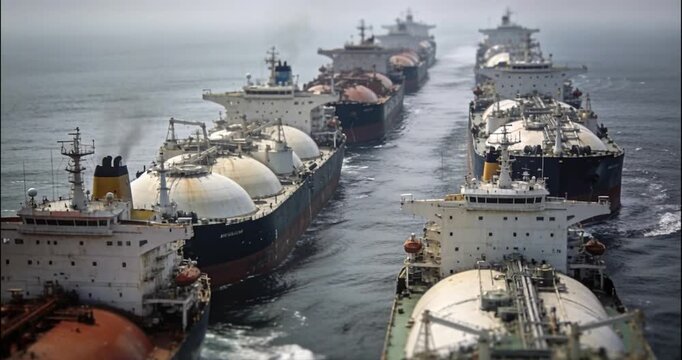 Large vessels sailing across calm waters under cloudy skies