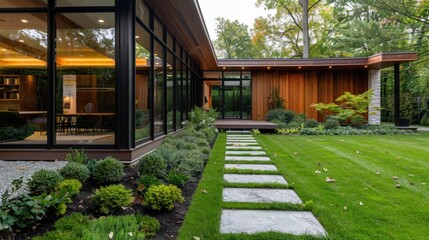 Fototapeta premium Modern architectural design of a spacious home surrounded by greenery and landscaped gardens under soft natural light
