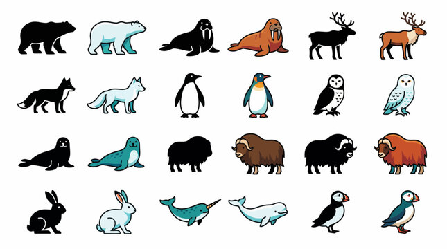Collection of Arctic animal illustrations in a pixel art style, featuring iconic creatures of the polar regions