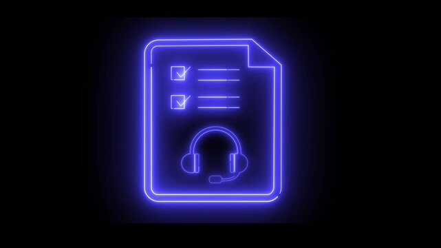 Neon light effect animation of a checklist document icon with headphones. Checkmarks indicate completed tasks or resolved customer service issues.