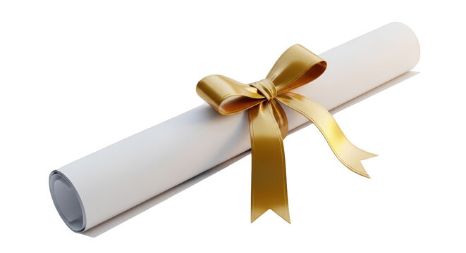 A white rolled up diploma with a gold ribbon