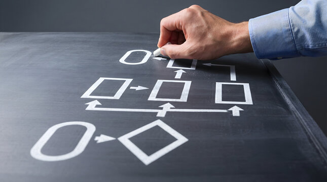 Business process and workflow optimization. Businessman drawing a complex flowchart on a chalkboard. Strategy planning and organizational structure concept.