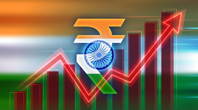 Abstract visualization of Indian economy showing rupee currency icon with Ashoka chakra integrated into rising financial statistics and red arrow indicating positive market trends.