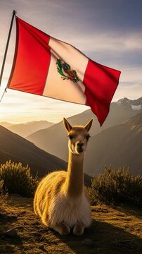 Majestic vicuna resting in the mountain highlands under a national waving flag at sunset