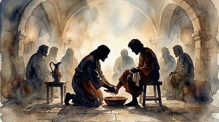 Fototapeta premium Jesus Washes Feet Humble Servant Leadership Last Supper Biblical Art Christian Illustration Foot Washing
