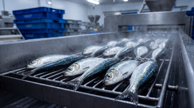 Fresh sardines undergoing steaming on a modern processing line in a fish factory, ensuring quality seafood production