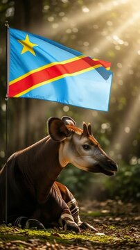 Okapi animal resting in forest with national flag, wildlife conservation symbol