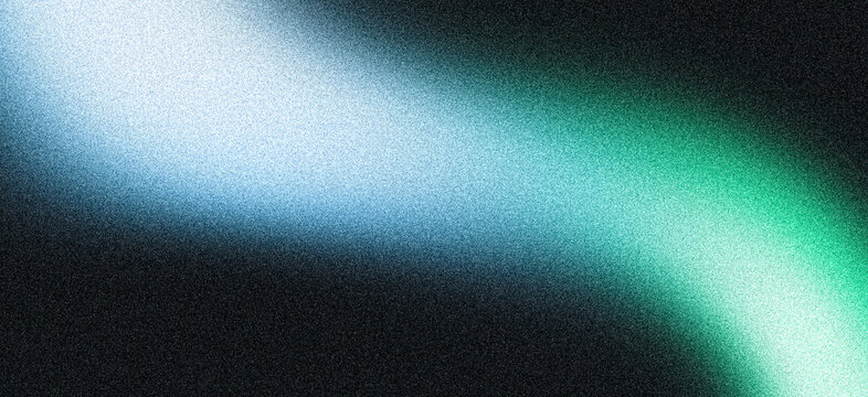 Glowing grainy background, light blue green abstract noisy shape on black backdrop, dark vibrant noise texture header, banner, poster or wallpaper design